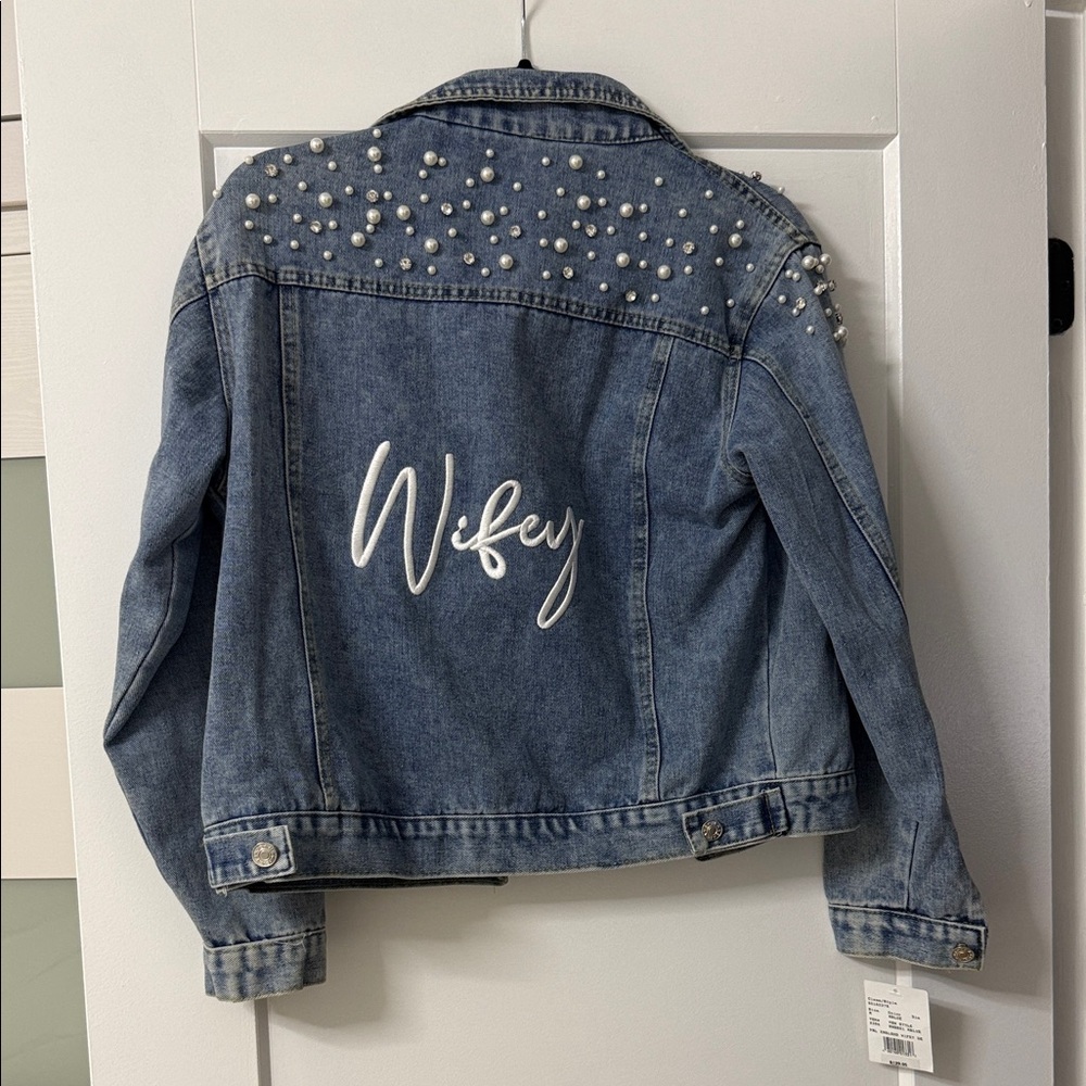 David's Bridal Blue Denim 'Wifey' Pearl Accent Jacket